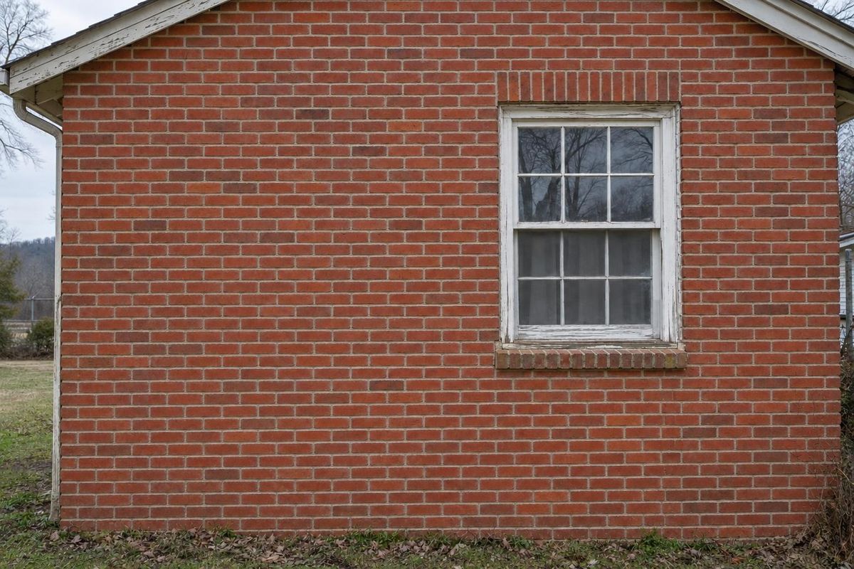 Crumbling brick, now restored, after masonry work